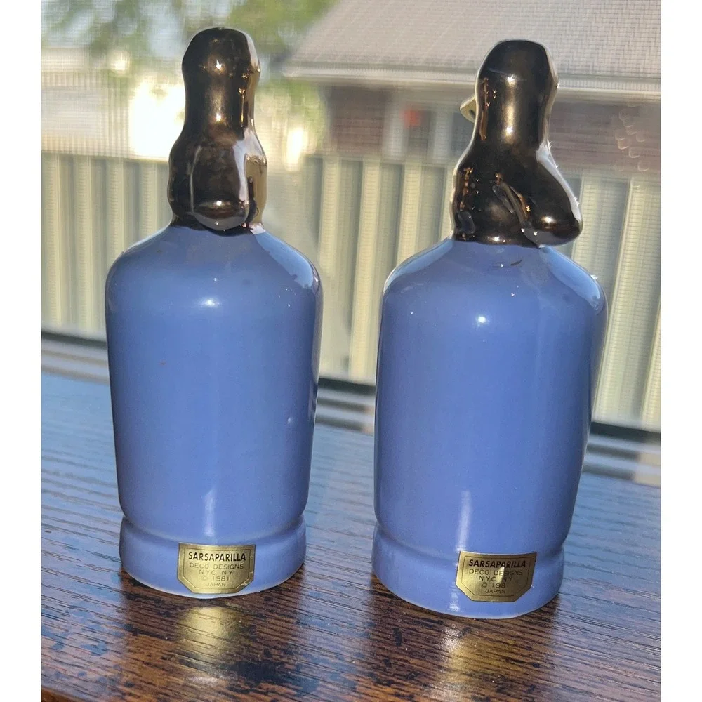 Sarsaparilla Seltzer Bottle Salt and Pepper Shakers OS Blue Excellent 1981 Deco